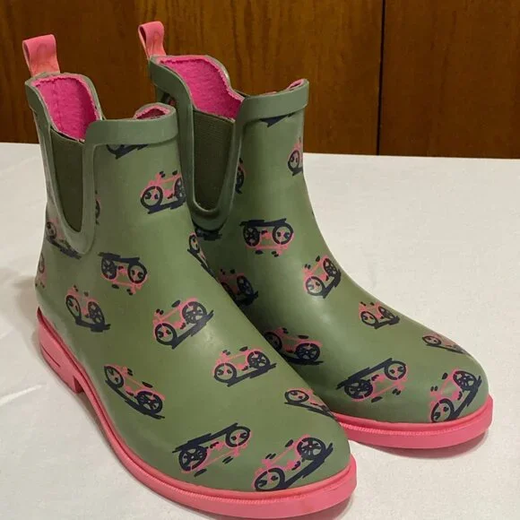 Anthropologie Bicycle Pattern Rain Boots 8 Green Boots - Picture 1 of 9
